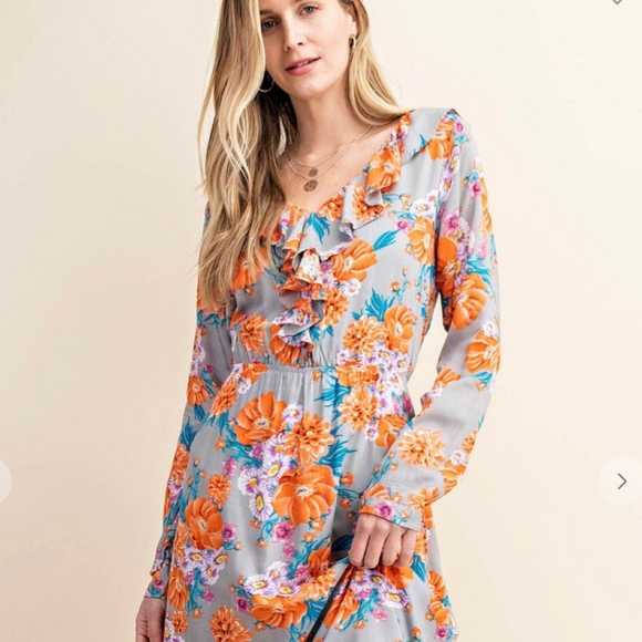 Boho Chic Slate Gray Floral Flowy Long Sleeves Midi Dress - Picture 4 of 7